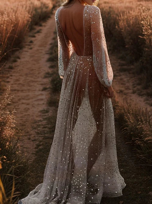 Wholesale A-Line/Princess V-Neck Floor-Length Sequins Wedding Dress